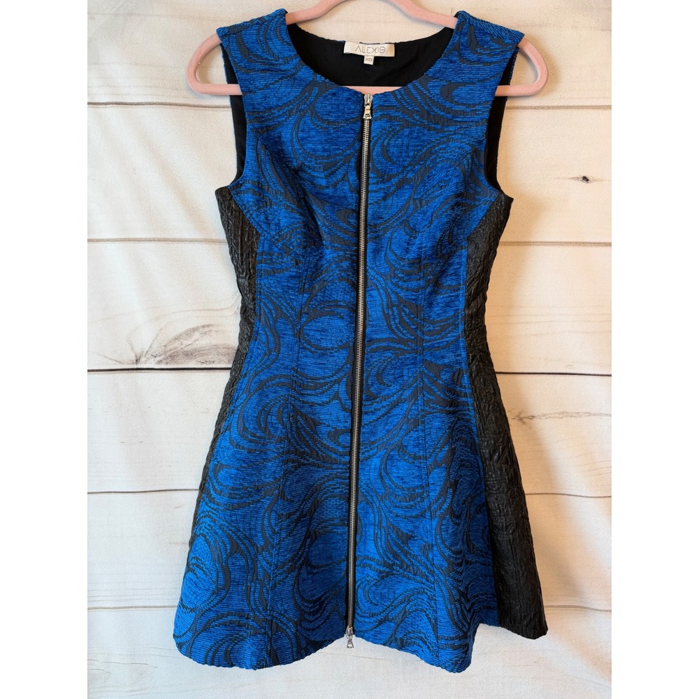 Alexis Blue Black Jacquard Swirl Front Zip Mini Dress XS Sleeveless Designer